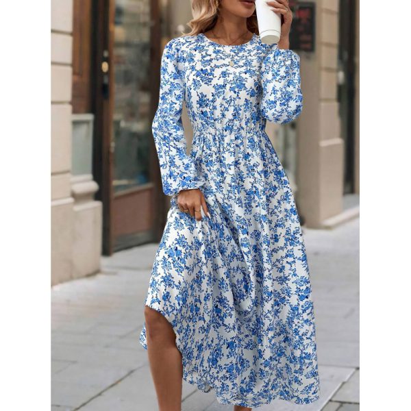 Women's New Printed Round Neck Long Sleeve Ruffled Dress - Image 3