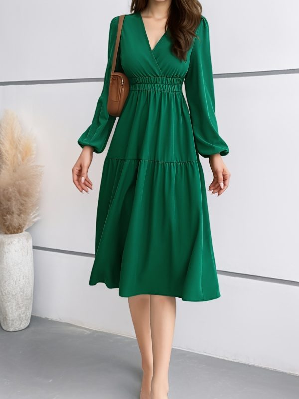 V-neck Solid Color Long Sleeve Waist Dress - Image 2