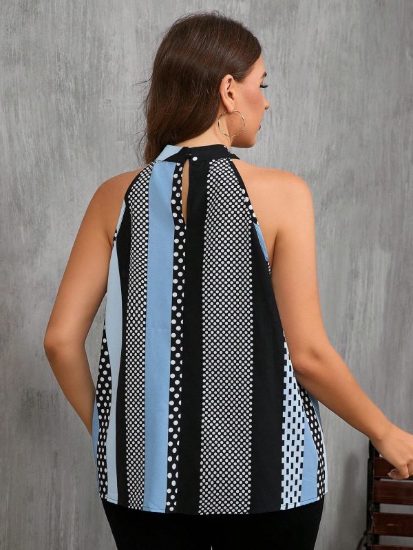 Women Contrast Polka Dot Print Casual Cold Shoulder Halter Blouse - Image 4