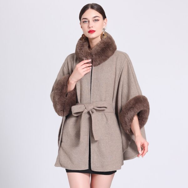 Rabbit Fur Collar Knitted Shawl Cape Lace-up Woolen Coat - Image 4