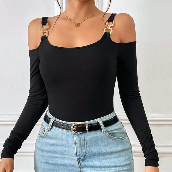 Women's Spring And Summer Fashion Simple Suspender Off-Shoulder Metal Hook Long-Sleeved Sexy Top - Image 3