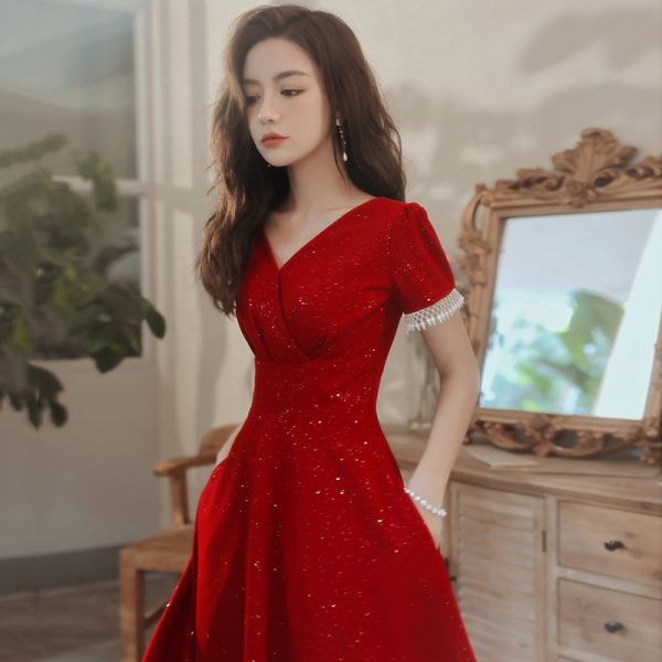 Toast Dress Bride Wine Red Wedding Dress Engagement Back Door Dress - Image 4