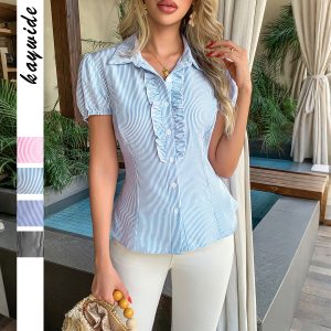 Casual Striped Button Short Sleeve Small Shirt Women's Clothing
