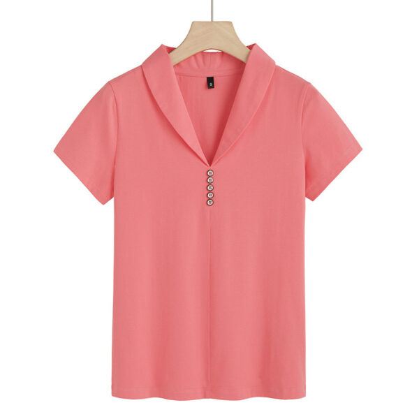 Slim-fit Split Solid Color And V-neck Button Short Sleeve - Image 6