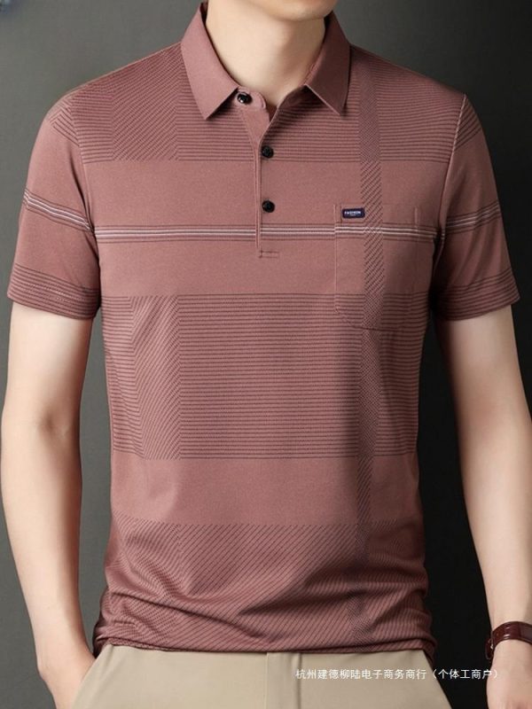 Men's Stripe Belt Lapel Short Sleeve Polo Shirt - Image 3