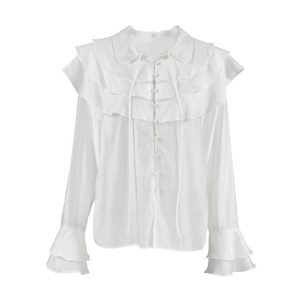 White Ruffled Flare Sleeve Tencel Shirt - Image 3