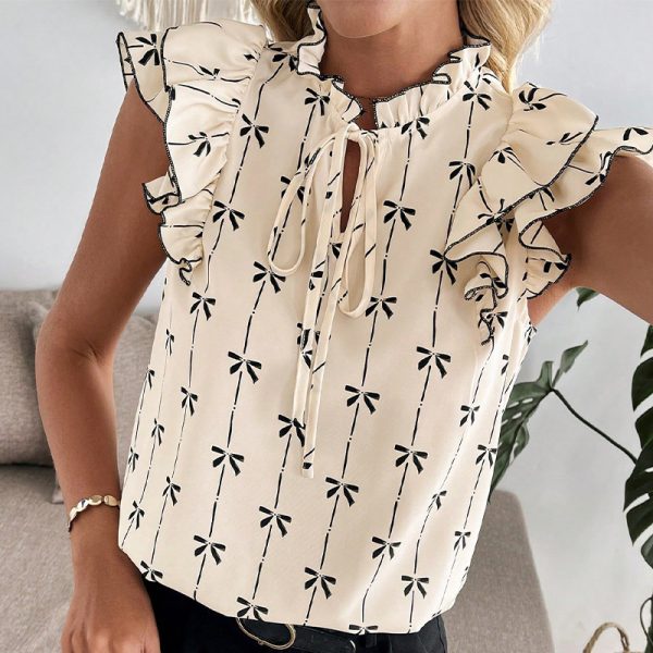Ruffled Short Sleeve Drawstring Lace Collar Shirt - Image 2