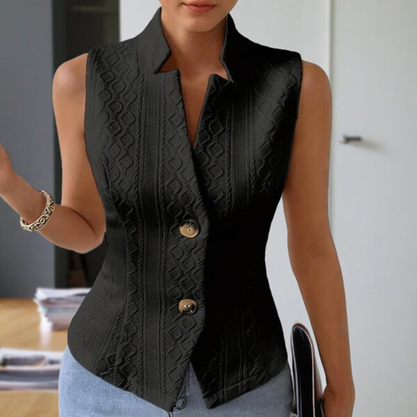 Women's Elegant Solid Color Stand Collar Sleeveless Vest - Ribbed & Button Detail Summer Casual Outerwear - Image 3