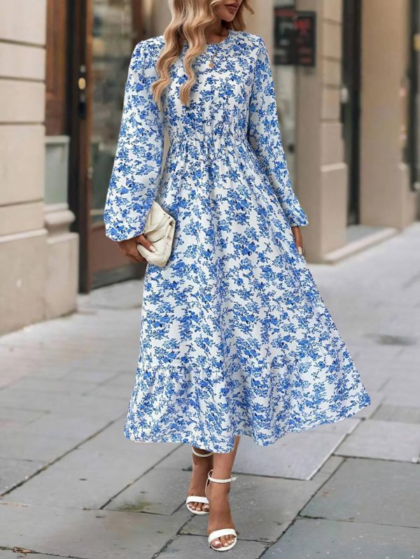Women's New Printed Round Neck Long Sleeve Ruffled Dress - Image 2