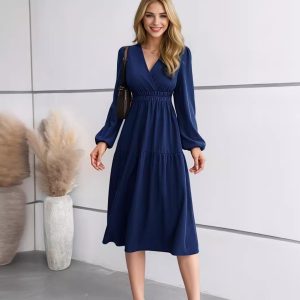 V-neck Solid Color Long Sleeve Waist Dress