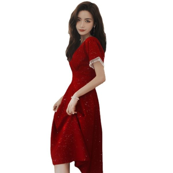Toast Dress Bride Wine Red Wedding Dress Engagement Back Door Dress - Image 2
