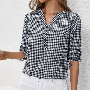 Elegant Retro Plaid Striped Three-quarter Sleeve Shirt