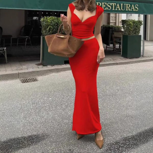 V-neck Short Sleeve Sexy Waist Hollow-out Top Sheath Skirt Suit - Image 2