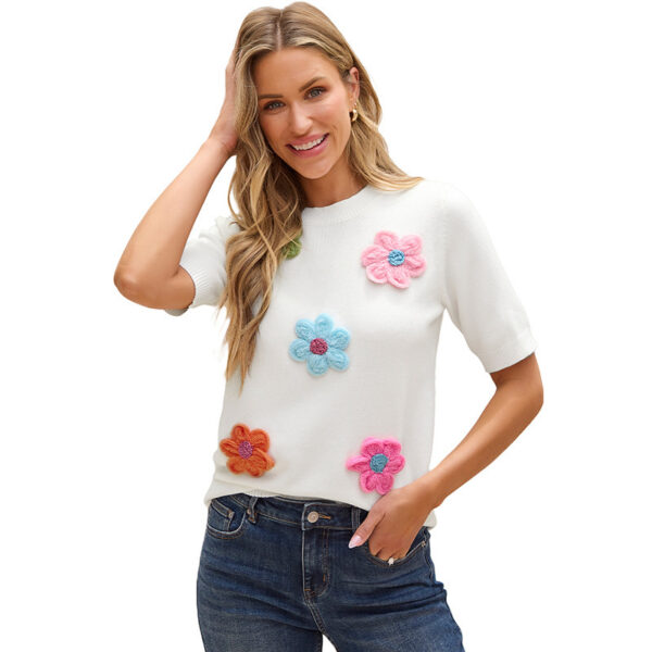 Three-dimensional Flower Decoration Half-sleeve Top European And American Commuters' Knitted - Image 3