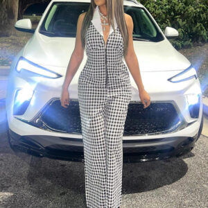 Sexy Backless Blouse Collar Zipper Plaid Jumpsuit