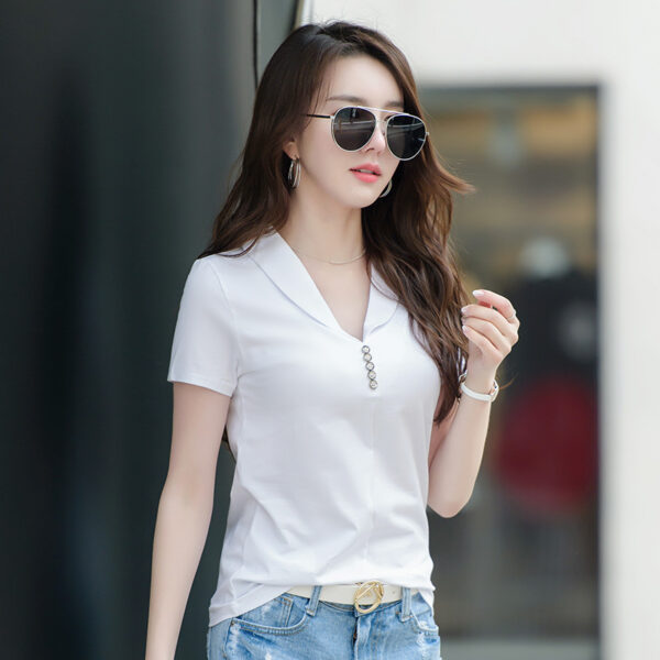 Slim-fit Split Solid Color And V-neck Button Short Sleeve - Image 2