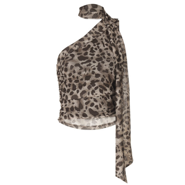 Leopard Print Crossbody Sleeveless Ribbon Short Tight Vest - Image 2