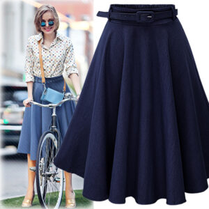 High waist mid-length denim skirt