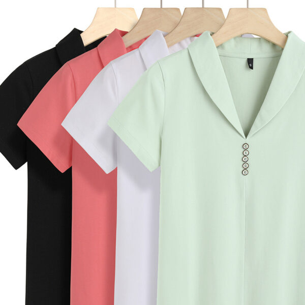 Slim-fit Split Solid Color And V-neck Button Short Sleeve - Image 3