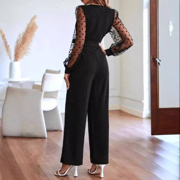 Fashion V-neck Women's Lace Long Sleeve Jumpsuit Belt Elegant Clothing - Image 3