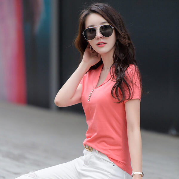 Slim-fit Split Solid Color And V-neck Button Short Sleeve - Image 5