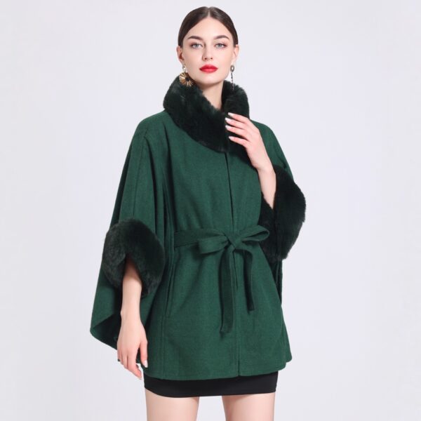 Rabbit Fur Collar Knitted Shawl Cape Lace-up Woolen Coat - Image 3