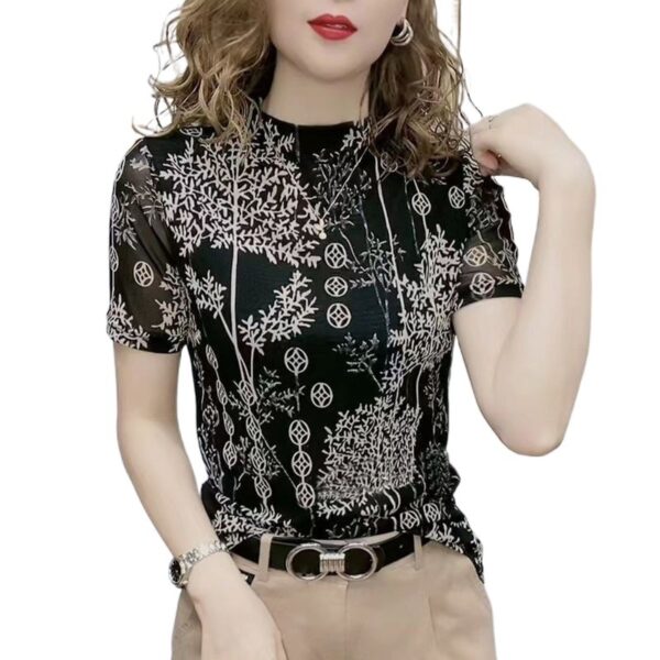 Double Layer Mesh Floral Print T-shirt Stretch - Image 3