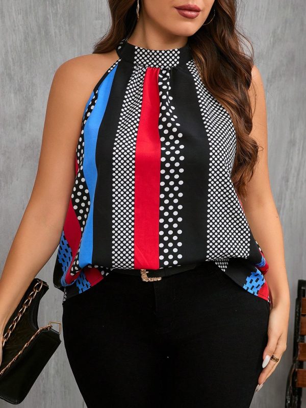 Women Contrast Polka Dot Print Casual Cold Shoulder Halter Blouse - Image 2