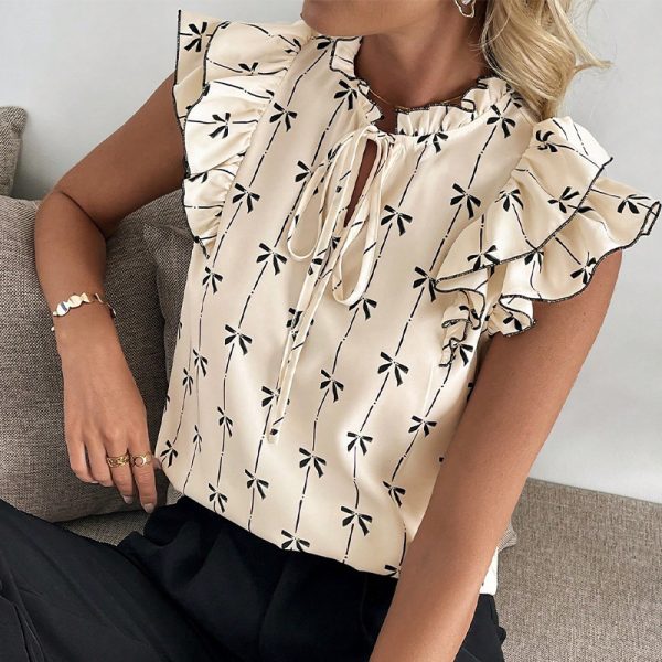 Ruffled Short Sleeve Drawstring Lace Collar Shirt - Image 3