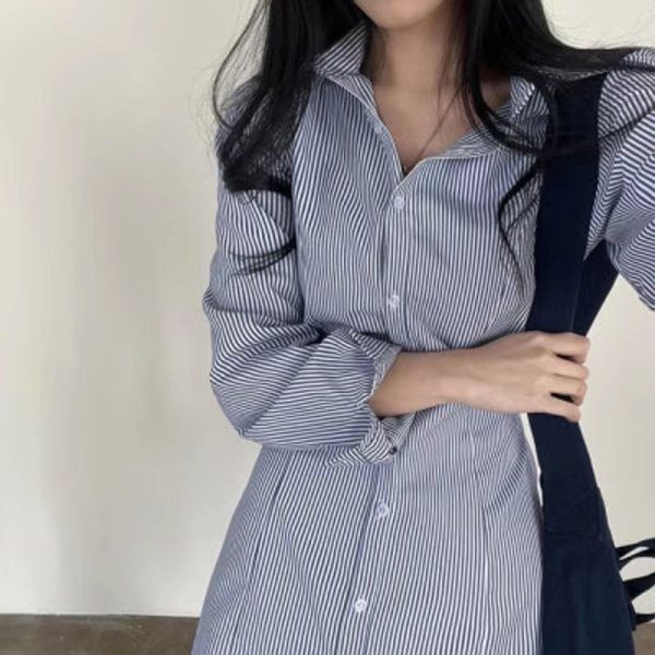 Striped Long-sleeved Shirt Dress Women's Single-breasted Skirt - Image 2