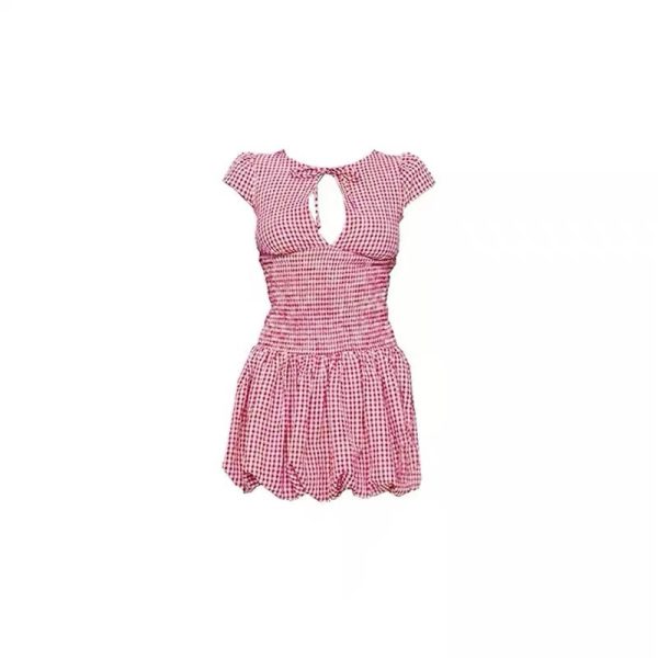 Red Pattern Hollow Out Short Sleeve Dress Women - Image 2