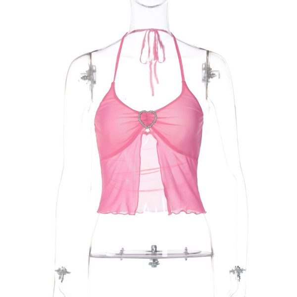 Hot Girl's Sexy Pink Mesh Stitching Chest-wrapped Halter Vest - Image 3