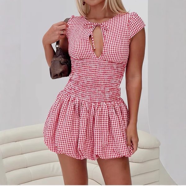 Red Pattern Hollow Out Short Sleeve Dress Women - Image 3
