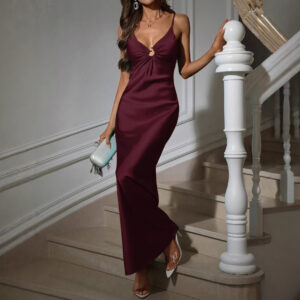 Women's Wine Red V-neck Dress Elegant French Style