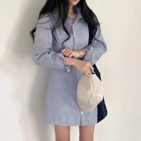 Striped Long-sleeved Shirt Dress Women's Single-breasted Skirt - Image 3