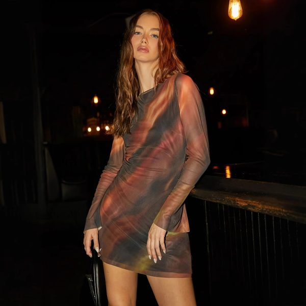 Women's Summer Waist Trimming Printing Silk Net Short Backless Dress - Image 3