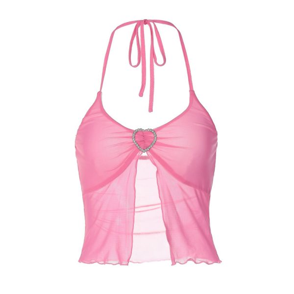 Hot Girl's Sexy Pink Mesh Stitching Chest-wrapped Halter Vest - Image 2