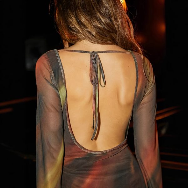 Women's Summer Waist Trimming Printing Silk Net Short Backless Dress - Image 2