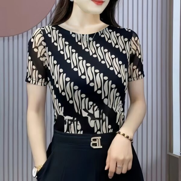 Double Layer Mesh Floral Print T-shirt Stretch - Image 2