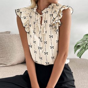 Ruffled Short Sleeve Drawstring Lace Collar Shirt