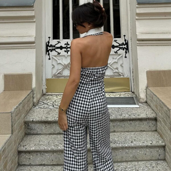 Sexy Backless Blouse Collar Zipper Plaid Jumpsuit - Image 3