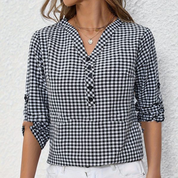 Elegant Retro Plaid Striped Three-quarter Sleeve Shirt - Image 3
