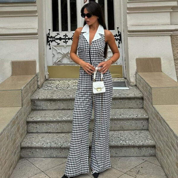 Sexy Backless Blouse Collar Zipper Plaid Jumpsuit - Image 2