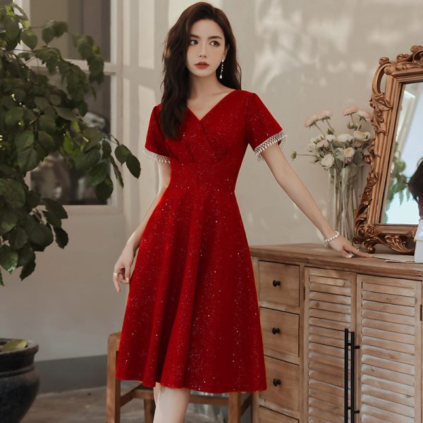 Toast Dress Bride Wine Red Wedding Dress Engagement Back Door Dress - Image 3