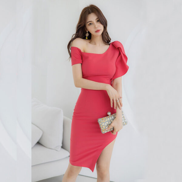 Slanted Collar Irregular Midi Dress - Image 3