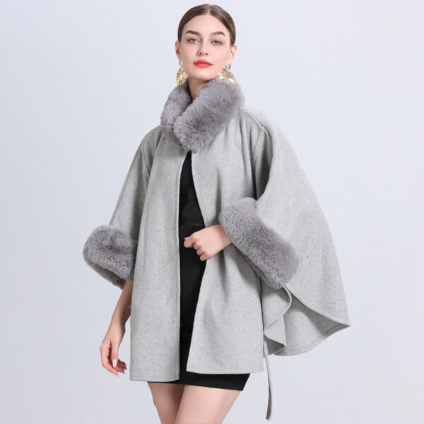 Rabbit Fur Collar Knitted Shawl Cape Lace-up Woolen Coat - Image 2