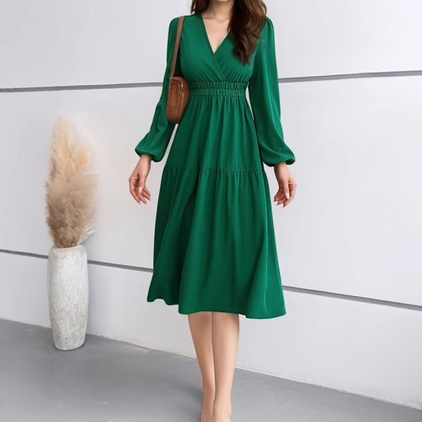 V-neck Solid Color Long Sleeve Waist Dress - Image 4