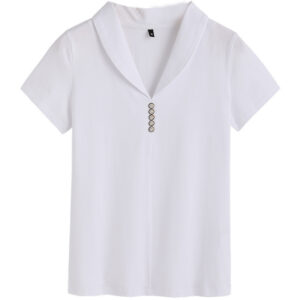 Slim-fit Split Solid Color And V-neck Button Short Sleeve