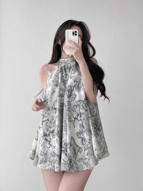 Vintage Stand Collar Ink Printing Lace-up Waist Halter Chiffon Shirt - Image 2