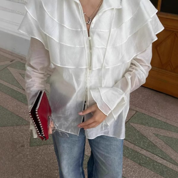 White Ruffled Flare Sleeve Tencel Shirt - Image 2